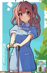  1girl ahoge black_ribbon blue_background blue_dress blush border bow bright_pupils brown_eyes brown_hair character_request collared_dress commentary_request dress eyelashes hair_intakes hair_ribbon highres kanojo_okarishimasu long_hair notice_lines reference_inset ribbon rolling_suitcase screenshot_inset short_sleeves solo split_mouth suitcase sweatdrop tetenka two_side_up white_border white_bow white_pupils 