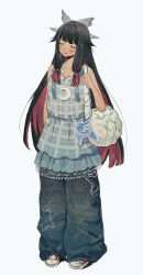  1girl absurdres alternate_costume bag baggy_pants bare_shoulders black_hair black_pants casual chinese_commentary closed_eyes closed_mouth columbina_(genshin_impact) commentary_request crescent crescent_necklace facing_viewer full_body genshin_impact grey_background head_wings highres jewelry kuuhenki_(genshin_impact) long_hair multicolored_hair necklace pants plaid_clothes plaid_shirt purple_hair qianshui_de_miamia_ai_huahua red_shoes shirt shoes simple_background sleeveless sleeveless_shirt smile sneakers solo standing star_(symbol) star_print two-tone_hair white_bag wings 