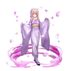  1girl artist_request aura blue_sash bow closed_mouth double-parted_bangs falling_petals frilled_sleeves frills full_body game_asset grand_summoners hair_between_eyes hair_bow hands_up horns japanese_clothes kimono long_hair obi official_alternate_costume official_art oni petals pink_hair pink_petals purple_bow purple_kimono red_eyes sandals sash shuna_(tensura) simple_background sleeves_past_fingers sleeves_past_wrists smile socks solo standing straight-on tabi tensei_shitara_slime_datta_ken transparent_background two-tone_sash white_horns white_socks wide_sleeves yellow_sash zouri 
