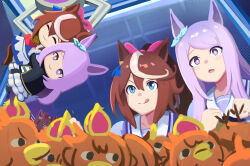  3girls agnes_digital_(umamusume) ago_(owenanaken) animal_ears animalization aqua_bow arcade arcade_cabinet ascot bird black_jacket black_skirt blue_eyes blush bow bowtie brown_hair character_doll closed_mouth coat commentary controller crane_game crown doll ear_bow ear_ribbon english_commentary epaulettes frilled_coat frilled_jacket frills hair_between_eyes hair_bow highres holding holding_doll horse_ears horse_girl horse_tail jacket joystick long_hair long_sleeves mejiro_mcqueen_(frontline_elegance)_(umamusume) mejiro_mcqueen_(umamusume) multicolored_hair multiple_girls open_mouth pink_ascot pink_crown pink_hair ponytail puffy_short_sleeves puffy_sleeves purple_bow purple_bowtie purple_hair purple_shirt sailor_collar sailor_shirt school_uniform shirt short_sleeves single_epaulette single_hair_streak skirt smile streaked_hair stuffed_toy t.m._opera_o_(umamusume) tail tokai_teio_(peak_joy)_(umamusume) tokai_teio_(umamusume) tongue tongue_out tracen_school_uniform two-tone_hair umamusume violet_eyes white_hair white_jacket white_sailor_collar white_skirt white_streaks 
