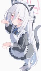  1girl absurdres animal_ears blue_archive blush cat_ears cat_tail commentary_request double-parted_bangs fake_animal_ears fake_tail hair_between_eyes hairband halo highres kei_(blue_archive) kei_(student)_(blue_archive) long_hair long_hair_between_eyes long_sleeves loosely_tucked_bangs maid maid_headdress nui_(nuinui0300) pink_halo rectangular_halo ringed_eyes tail white_hair 