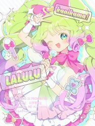  1girl :d ;d antenna_hair aqua_eyes blue_sleeves bow bow_choker character_name choker colored_eyelashes commentary_request detached_sleeves dress frilled_dress frills gradient_hair green_dress green_hair hair_bow hand_on_own_head haru_(haru1bc6c4) heart heart_in_eye highres holding holding_microphone laalulu long_hair looking_at_viewer microphone multicolored_dress multicolored_hair one_eye_closed open_mouth pink_bow pink_choker pink_dress pretty_series pripara puffy_detached_sleeves puffy_sleeves purple_hair see-through_clothes see-through_sleeves smile solo speech_bubble strapless strapless_dress symbol_in_eye twintails two-tone_hair v very_long_hair white_dress wrist_bow 