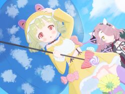  2girls blonde_hair blue_sky blush boots braid cloud_print clouds commentary curly_hair flower highres hime_cut holding holding_umbrella hood lady_proud long_hair looking_at_viewer magical_girl mahou_shoujo_ikusei_keikaku mahou_shoujo_ikusei_keikaku_jokers multiple_girls open_mouth red_eyes short_hair sky smile teepa umbrain umbrella untranslatable_commentary violet_eyes yellow_eyes yellow_flower 
