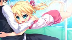  1boy 1girl arms_around_another's_waist black_hair blonde_hair blue_pants blue_vest bow day faceless faceless_male from_side game_asset green_eyes hair_bow hand_on_another's_shoulder hinata_nao hoshimi_miku leaning_back long_sleeves miniskirt non-web_source official_art on_floor open_mouth outdoors pants pink_skirt pouncing shirt short_sleeves skirt smile sportswear tennis_uniform twintails two-tone_shirt vest white_shirt wire_fence yuuwaku_scramble 