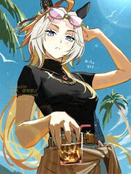  1girl ahoge animal_ears bird black_shirt blue_eyes blue_sky breasts closed_mouth clouds cup day ear_covers eyewear_on_head highres holding holding_cup horse_ears horse_girl jewelry koppe_koppe long_hair looking_at_viewer medium_breasts multicolored_hair necklace official_alternate_costume orange_hair orfevre_(umamusume) outdoors palm_tree shirt sky solo sunglasses tree two-tone_hair umamusume white_hair 