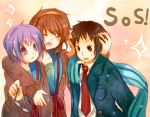  brown_eyes brown_hair cardigan closed_eyes glasses hair_ribbon hairband hug kyon mi-ru nagato_yuki purple_eyes purple_hair ribbon scarf school_uniform short_hair suzumiya_haruhi suzumiya_haruhi_no_shoushitsu suzumiya_haruhi_no_yuuutsu tears violet_eyes 