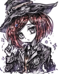  1girl :o black_jacket brown_vest commentary_request danganronpa_(series) danganronpa_v3:_killing_harmony gem_hair_ornament hair_ornament hand_up hat highres jacket long_sleeves open_clothes open_jacket red_hair shirt short_hair simple_background solo tsukihi_shida upper_body vest white_background witch_hat yumeno_himiko 