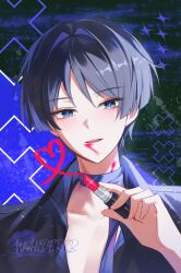  1boy bishounen black_background black_hair black_shirt blue_pupils blunt_ends character_name choppy_bangs collared_shirt colored_inner_hair cosmetics eyelashes eyeliner fingernails genshin_impact glint grey_eyes hand_up highres holding holding_lipstick_tube lipstick lipstick_mark lipstick_tube looking_at_viewer makeup male_focus multicolored_hair neck_ribbon open_mouth partially_unbuttoned portrait purple_background purple_hair purple_ribbon red_eyeliner ribbon scaramouche_(genshin_impact) shirt smeared_lipstick sohan_(sohan_416) solo straight-on tsurime two-tone_background wanderer_(genshin_impact) 