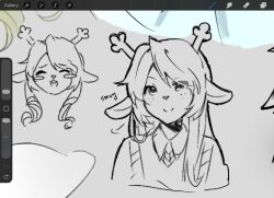  1girl 2026 2d animal_ears animal_nose anthro antlers art_program_in_frame blush_stickers body_fur buck_teeth closed_eyes collared_shirt cropped_head cropped_torso deer deer_ears deer_girl deltarune digital_media english_text fairyctrl female female_only furry furry_female grey_background long_hair long_sleeves looking_at_viewer mammal monochrome noelle_holiday open_mouth procreate_(medium) puffy_long_sleeves puffy_sleeves reindeer reindeer_girl shirt simple_background smile smug solo split_mouth teeth text utdr_(toby_fox) vest 
