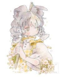  1girl animal_ears apron blush_stickers bow braid buttons closed_mouth commentary_request cropped_torso dog_ears expressionless flower freckles frills green_eyes grey_hair high_collar highres multicolored_hair mura_(yoshishi_ff) original painting_(medium) plaid_apron plaid_bow plaid_clothes puffy_sleeves shirt solo tareme three-quarter_sleeves traditional_media twin_braids two-tone_hair watercolor_(medium) watermark white_flower white_hair white_shirt yellow_apron yellow_bow 