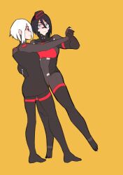  2girls android ariane_yeong black_hair black_hat black_jacket blue_eyes commentary couple dancing dandannoodels elster_(signalis) english_commentary full_body hand_on_another's_back hat holding_hands jacket looking_at_another mini_hat multiple_girls red_eyes short_hair signalis simple_background smile standing white_hair yellow_background yuri 