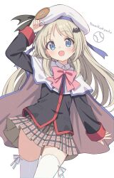  1girl absurdres adjusting_clothes adjusting_headwear arm_up bat_hair_ornament beret black_jacket blonde_hair blue_eyes bow bowtie cape character_name commentary_request cowboy_shot fang grey_skirt hair_ornament hat highres jacket light_blush little_busters! long_hair looking_at_viewer noumi_kudryavka open_mouth pink_bow pink_bowtie plaid_clothes plaid_skirt setteiset sidelocks simple_background skirt smile solo thigh-highs thighs white_background white_cape white_thighhighs zettai_ryouiki 