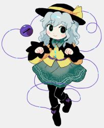  1girl black_boots black_pantyhose blush boots bow contrast_collar disembodied_linked_eye eyeball floral_print full_body green_eyes green_hair green_skirt hat hat_bow komeiji_koishi looking_at_viewer lotosu pantyhose shirt skirt smile solo touhou white_background wide_sleeves yellow_shirt 