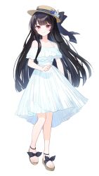  1girl black_hair blue_flower closed_mouth commentary_request dress flower full_body hat hat_flower highres long_hair mahou_shoujo_no_majo_saiban nikaido_hiro red_eyes sandals segawa_luna simple_background smile solo sun_hat sundress white_background white_dress white_flower 
