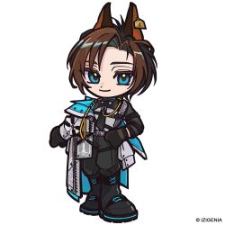  1boy animal_ears black_gloves black_outline black_pants black_shoes blue_eyes brown_hair closed_mouth commentary copyright_name copyright_notice deformed dog_ears dot_nose english_commentary full_body gloves grey_shirt highres izigenia looking_at_viewer male_focus mi-mi-o official_art outline pants second-party_source sedric_alfiere shirt shoes simple_background smile solo standing virtual_youtuber white_background 