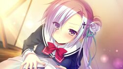  1boy 1girl blue_hair blue_jacket bow bowtie buttons closed_mouth cropped_jacket cross_hair_ornament curtains da_capo da_capo_iv eyes_visible_through_hair frown game_asset green_ribbon hair_ornament hair_over_one_eye hair_ribbon highres houjou_shiina indoors jacket long_hair long_sleeves lying lying_on_person mitsumomo_mamu non-web_source official_art on_back on_floor rain red_bow red_bowtie ribbon sailor_collar school_uniform side_ponytail skirt violet_eyes white_jacket white_sailor_collar white_skirt 