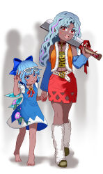  2girls adapted_costume animal_print arm_warmers barefoot belt belt_buckle blue_arm_warmers blue_bow blue_dress blue_eyes blue_hair blush bow brown_collar buckle cirno cleaver collar commentary_request dress eyewear_on_head fingernails flower fur-trimmed_vest fur_trim green_shoes hair_bow hand_up height_difference highres holding holding_cleaver holding_hands ice ice_wings leg_warmers long_fingernails long_hair looking_at_viewer multiple_girls neck_ribbon open_mouth orange_vest parted_bangs pinafore_dress pink_flower plant puffy_short_sleeves puffy_sleeves red_eyes red_nails red_ribbon red_skirt ribbon sakata_nemuno satomachi shoes short_hair short_sleeves skirt sleeveless sleeveless_dress star_(symbol) star_sticker sticker sunflower sunglasses tan tanned_cirno teeth tiger_print toes tongue tongue_out touhou upper_teeth_only v vest vines walking wavy_hair white-framed_eyewear white_background white_belt white_leg_warmers wings 