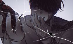  1boy 88jakga alien_stage blood broken_glass chain collar commentary english_commentary fang finger_in_own_mouth glass hair_over_one_eye heart_(organ) highres holding holding_heart_(organ) ivan_(alien_stage) male_focus metal_collar red_pupils short_hair solo very_short_hair zombie_stage 