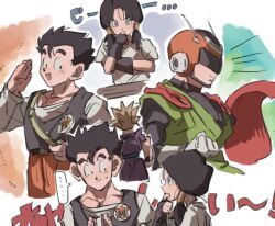  ... 1boy 1girl antennae assault_visor black_eyes black_gloves black_hair black_vest blonde_hair blue_eyes cape closed_mouth commentary_request dougi dragon_ball dragon_ball_z fingerless_gloves gloves great_saiyaman helmet long_sleeves looking_at_another multiple_views natume12izr open_mouth orange_star_high_school red_cape shirt short_sleeves smile son_gohan spiky_hair spoken_ellipsis super_saiyan thinking twintails vest videl white_gloves white_shirt 
