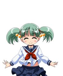  1girl ^_^ blue_skirt blush breasts closed_eyes closed_mouth cowboy_shot game_asset green_hair large_variant_set long_sleeves lowres manjuverunu_no_sen_otome neckerchief non-web_source official_art open_hands outstretched_arms pleated_skirt red_neckerchief school_uniform self-datamine serafuku simple_background siubomanjyu skirt small_breasts smile solo spread_arms standing tachi-e tama_tamara_tabasa_(manjuverunu) transparent_background twintails variant_set 