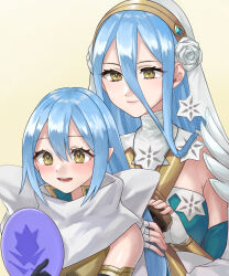  absurdres alternate_eye_color alternate_hair_color alternate_hairstyle azura_(fire_emblem) azura_(resplendent)_(fire_emblem) blue_hair brushing_hair commentary_request dress female_kana_(fire_emblem) fire_emblem fire_emblem_fates gloves hair_between_eyes hair_bun hair_down hazuki_(nyorosuke) highres long_hair official_alternate_costume open_mouth parent_and_child pointy_ears single_hair_bun smile veil very_long_hair yellow_eyes 