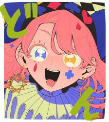  1girl absurdres blue_eyes checkered_hat club_(shape) diamond_(shape) earrings hat heterochromia highres hornynoise jester jester_cap jewelry jikishirone long_hair madan_no_ichi multicolored_hair open_mouth pink_hair spade_(shape) streaked_hair striped_clothes striped_headwear teeth tongue vertical-striped_clothes vertical-striped_headwear yellow_eyes 