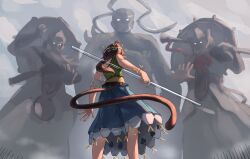  1girl 3boys absurdres ametonalu blue_dress bo_staff brown_hair character_request circlet commentary_request detached_sleeves dress fighting from_behind from_below giant gold_circlet green_dress highres holding long_hair monkey_girl monkey_tail multicolored_dress multiple_boys ruyi_jingu_bang single-shoulder_dress single_detached_sleeve son_biten tail touhou yellow_dress 