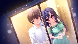  1boy 1girl blue_hair brown_hair closed_mouth clothes_pull cup door dress dress_pull faceless faceless_male from_above from_outside game_asset green_dress half_updo hand_on_another's_shoulder hand_up hands_up head_tilt hinata_nao holding holding_cup hoshimi_asuka long_hair night non-web_source off-shoulder_dress off_shoulder official_art red_eyes shirt short_hair short_sleeves side-by-side snowing standing white_shirt window wooden_floor yuuwaku_scramble 