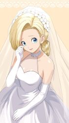  1girl bare_shoulders bianca_(dq5) blonde_hair blue_eyes braid braided_ponytail breasts bridal_veil bride commentary_request cowboy_shot dragon_quest dragon_quest_v dress earrings elbow_gloves flower gloves happy_tears head_wreath highres jewelry large_breasts long_hair looking_at_viewer low_ponytail parted_lips ponytail rnii_dq see-through_cleavage see-through_clothes solo tears veil wedding_dress white_dress white_flower white_gloves 