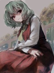  1girl absurdres ascot closed_mouth collared_shirt commentary_request flower green_hair highres kazami_yuuka long_sleeves medium_hair murase_uo open_clothes open_vest outdoors plaid_clothes plaid_skirt plaid_vest red_eyes red_skirt red_vest shirt sitting skirt skirt_set smile solo sunflower touhou vest white_shirt yellow_ascot yellow_flower 