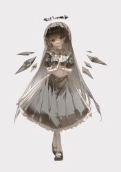 1girl absurdres aged_down alternate_costume arknights black_dress black_eyes black_hair black_halo black_shoes blunt_bangs broken_halo child chinese_commentary closed_mouth commentary_request cricifysiki detached_wings dress frilled_dress frills full_body gloves grey_background halo highres long_hair looking_at_viewer mole mole_under_eye own_hands_clasped own_hands_together pantyhose pleated_dress puffy_short_sleeves puffy_sleeves shoes short_sleeves sidelocks simple_background smile solo standing very_long_hair virtuosa_(arknights) white_gloves white_pantyhose wings 