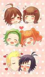  3boys 3girls :d ^_^ ahoge amagase_touma amami_haruka ayuko_(ayuco) black_hair black_hairband blank_eyes blonde_hair blush bow brown_hair closed_eyes closed_mouth green_hair hair_bow hairband head_only heart hetero idolmaster idolmaster_(classic) idolmaster_side-m ijuuin_hokuto kikuchi_makoto mitarai_shouta multiple_boys multiple_girls multiple_hair_bows open_mouth orange_hair red_bow short_hair smile takatsuki_yayoi twintails v-shaped_eyebrows 