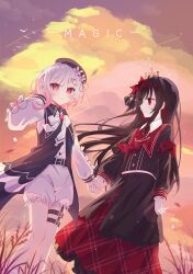  2girls absurdres beret black_hair black_hat black_shirt chinese_commentary closed_mouth clouds cloudy_sky commentary_request feet_out_of_frame flower flower-trimmed_shorts flower-trimmed_sleeves gradient_hair grass hair_flower hair_ornament hat highres holding_hands long_hair long_sleeves looking_at_another looking_at_viewer mahou_shoujo_no_majo_saiban multicolored_hair multiple_girls necktie nikaido_hiro outdoors pink_eyes pink_hair pleated_skirt profile red_eyes red_flower red_necktie sakuraba_ema shirt short_hair skirt sky smile standing thigh_strap white_flower white_hair x_hair_ornament xiao_wugui_ye_xiang_jiao_pengyou 
