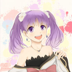  1girl bare_shoulders collarbone earrings eyelashes flower fractale highres jewelry long_hair looking_at_viewer necklace nessa_(fractale) open_mouth procreate_(medium) purple_hair reimitsuki solo splatter twintails upper_body violet_eyes white_flower 