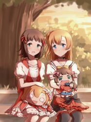  2girls absurdres amami_haruka black_skirt black_thighhighs blue_eyes blush bokura_wa_ima_no_naka_de brown_hair character_doll closed_mouth commentary_request day doll dress fingerless_gloves gloves green_eyes hair_ribbon haruka-san highres idolmaster idolmaster_(classic) kosaka_honoka light_smile looking_at_viewer love_live! love_live!_school_idol_project multiple_girls nesoberi official_alternate_costume one_side_up outdoors puchimasu! red_dress red_gloves red_ribbon red_skirt ribbon shirt short_hair short_sleeves side-by-side sitting skirt starry_fairy_(idolmaster) stuffed_toy thigh-highs tsushima_191011 white_shirt 