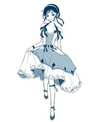  1girl alien_stage alternate_costume commentary dress full_body hair_ribbon hairband halter_dress halterneck highres holding_own_dress monochrome ribbon shoes solo sua_(alien_stage) yezz_io 