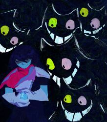  1other absurdres blue_hair blue_skin cape cat colored_sclera colored_skin deltarune egg friend_(deltarune) grin heterochromia highres holding holding_egg kris_(dark_world)_(deltarune) kris_(deltarune) pink_eyes pink_sclera pliumorsmth short_hair smile utdr_(toby_fox) yellow_eyes yellow_sclera 
