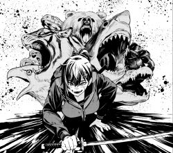  1girl bear bird blood blood_splatter breasts commentary_request crawling crocodile crocodilian eagle eyebrow_cut hair_ornament hairclip holding holding_sword holding_weapon izumida_fuyuki katana large_breasts madara_rumble octopus official_art open_mouth ponytail scar scar_on_cheek scar_on_face school_uniform serafuku shark shijou_mifune shirt smile snake solo sweat sword tarantula tiger torn_clothes torn_shirt weapon 