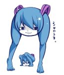  black_eyes blue_hair bow character_name creature creepy grin hair_bow hatsune_miku legs looking_at_viewer looking_away pale_skin shiteyan&#039;yo shiteyan'yo simple_background smile squatting standing text vocaloid white_background young 