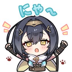  1girl amber_(stella_sora) arms_up black_gloves black_hair commentary double-parted_bangs elbow_gloves fingerless_gloves gloves looking_at_viewer lowres medium_hair official_art simple_background solo stella_sora sticker_(medium) transparent_background yellow_eyes 