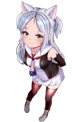  1girl :3 absurdres american_flag_neckwear animal_ears azur_lane bare_shoulders black_gloves black_vest blush boots breasts cat_ears cat_girl commentary_request dedorudy dress elbow_gloves full_body gloves green_eyes highres leaning_forward long_hair medium_breasts neckerchief open_clothes open_vest short_dress sims_(azur_lane) skindentation sleeveless sleeveless_dress small_breasts solo standing thigh-highs thighs very_long_hair vest white_dress white_hair 