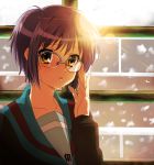  brown_eyes cardigan glasses grey_hair lens_flare nagato_yuki nagato_yuki_(shoushitsu) school_uniform sham_fu short_hair sunset suzumiya_haruhi_no_shoushitsu suzumiya_haruhi_no_yuuutsu window 