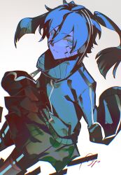  1girl :| agyou_sonokou_l artist_name black_skirt blue_eyes blue_hair blue_jacket closed_mouth commentary_request double-parted_bangs dutch_angle empty_sleeve ene_(kagerou_project) expressionless feet_out_of_frame floating_clothes floating_hair hair_between_eyes headphones high_collar highres jacket kagerou_project leaning_forward long_hair long_sleeves looking_at_viewer miniskirt partial_commentary pleated_skirt signature simple_background skirt solo standing track_jacket twintails white_background zipper_pull_tab 