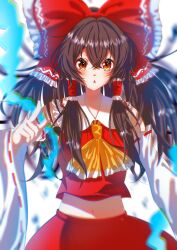  1girl absurdres ascot bow brown_hair chinese_commentary commentary_request detached_sleeves frilled_bow frilled_hair_tubes frills hair_between_eyes hair_bow hair_tubes hakurei_reimu hato_tototo highres long_hair looking_at_viewer midriff open_mouth red_bow red_eyes red_skirt ribbon-trimmed_sleeves ribbon_trim skirt skirt_set solo touhou yellow_ascot 