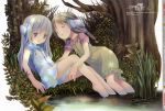  barefoot blue_hair brown_hair dress feet feet_in_water flower_(kowarekake) furawaa hands headphones kowarekake_no_orgel megami multiple_girls pop soaking_feet tree water 