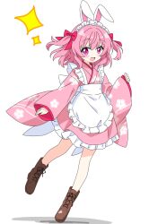  1girl :d animal_ears apron blush boots bow brown_boots commentary_request dot_nose floral_print floral_print_kimono frilled_apron frilled_kimono frills full_body hair_between_eyes hair_bow hand_up highres japanese_clothes kimono kotatsu-mazoku lace-up_boots long_sleeves looking_at_viewer maid maid_headdress open_mouth original pink_bow pink_eyes pink_hair pink_kimono print_kimono rabbit_ears short_hair simple_background sleeves_past_wrists smile solo sparkle standing standing_on_one_leg wa_maid white_apron white_background wide_sleeves 