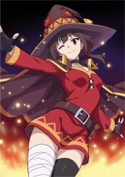  1girl argenisdraws asymmetrical_legwear bandaged_leg bandages belt_collar black_gloves black_thighhighs blunt_bangs breasts brown_cape brown_hair cape closed_mouth collar cowboy_shot dark_background dress explosion fingerless_gloves gloves hat highres kono_subarashii_sekai_ni_shukufuku_wo! megumin mismatched_legwear off-shoulder_dress off_shoulder one_eye_closed outstretched_arms red_dress red_eyes short_hair_with_long_locks single_thighhigh small_breasts smile solo spanish_commentary sparks standing thigh-highs witch_hat zettai_ryouiki 