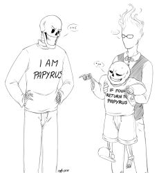 >:( ... 2015 2d 3boys black_bowtie black_vest bottle bowtie brothers carrying carrying_person character_name clothes_writing collared_shirt commentary cowboy_shot digital_media drawstring elemental_(creature) english_commentary english_text eternalemblem fire_elemental glasses grillby hands_on_own_hips height_difference holding holding_bottle humanoid if_lost_return_to_(meme) ketchup_bottle lifting_person long_sleeves looking_at_another male male_focus male_only meme monochrome monster monster_boy pants papyrus_(undertale) sans_(undertale) shirt shorts siblings simple_background skeleton slippers standing sweater teeth text trio undead undertale utdr_(toby_fox) vest white_background
