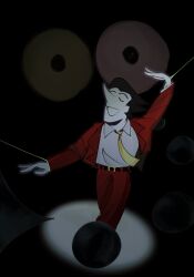  1boy 1other black_hair colored_sclera commentary dancing deltarune english_commentary friend_(deltarune) heterochromia highres jacket limb0_jimb0 long_nose necktie pants pink_eyes pink_sclera pointy_nose puppet_strings red_jacket red_pants short_hair smile spamton_g._spamton spamton_g._spamton_(big_shot) utdr_(toby_fox) yellow_eyes yellow_sclera 