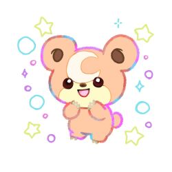  arms_up brown_eyes claws commentary_request crescent diamond_(shape) full_body hands_on_own_face leopipi looking_at_viewer open_mouth pokemon pokemon_(creature) pokemon_focus sparkle standing star_(symbol) teddiursa tongue triangle_mouth 